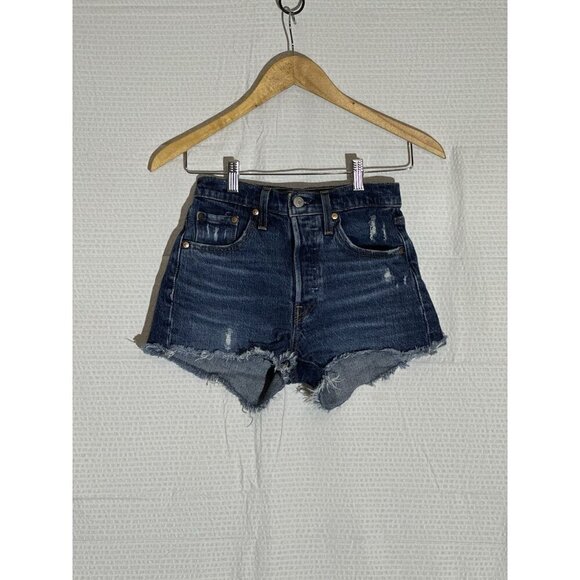 Levi's 501 Women's Denim Jean Shorts Blue Button Fly, Raw Hem, Dark Wash Size 24 - Picture 1 of 9
